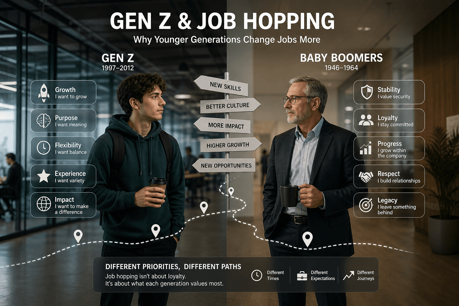 Visual illustrating Gen Z job-hopping trends and differences in working life across generations