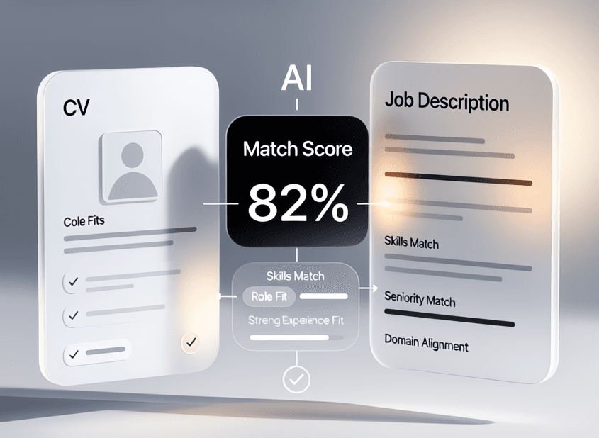 Quick Match dashboard preview showing ATS scoring and job match gap analysis.